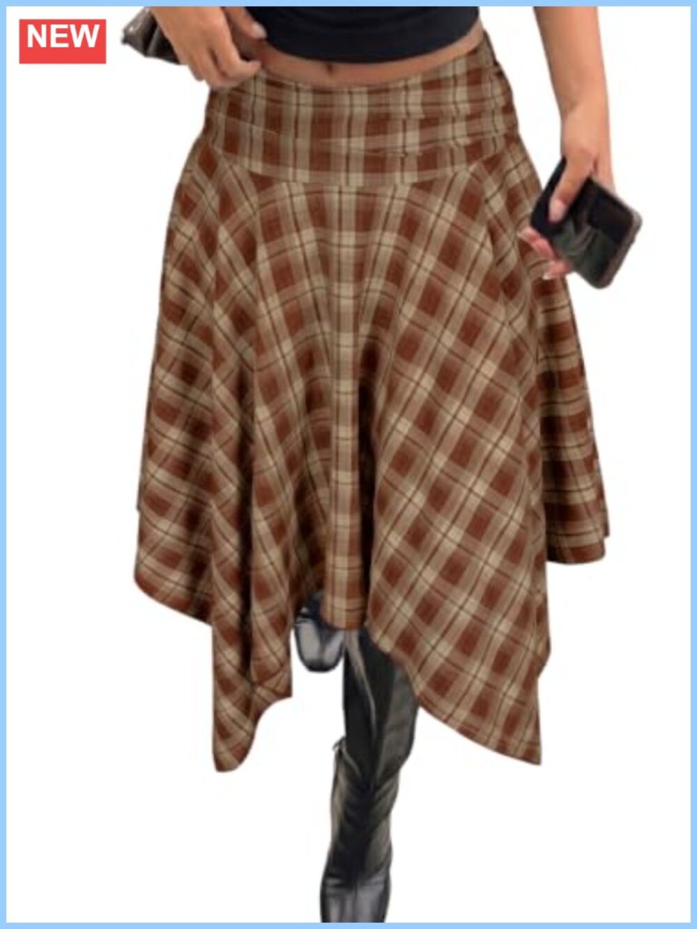 Plaid Midi Skirt A-Line Pleated Y2K Grunge Handkerchief Hem